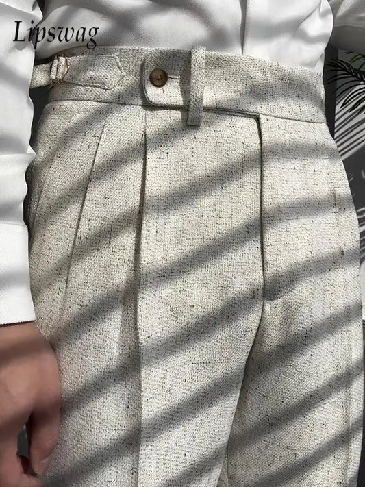 Naples Style High Waist Belt Woolen Trousers Men Fall Winter Solid